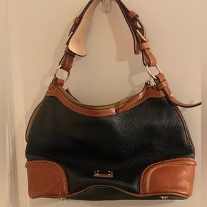 Dooney and Bourke Shoulder Bag in Black Leather, Brown Accents, Gold Hardware